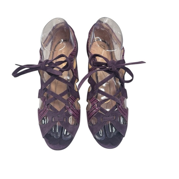 Kate Spade Eggplant Chad Suede Leather Snakeskin Print Lace Up Open Toe Heel 7 - Picture 7 of 8
